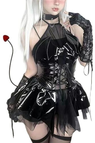 AYAZER Djävul flicka PU läder kostym kvinnor Succubus cosplay underkläder kostymer hållare transparent spetskjol sexig pyjamas tjänstflicka uniform