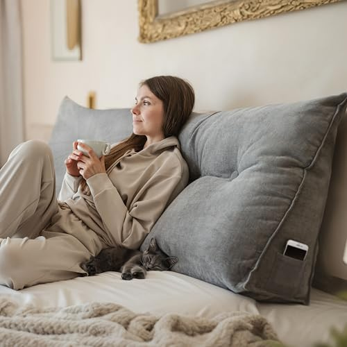 Björn&Schiller Rückenkissen - Lesekissen für Bett und Sofa, Keilkissen, Rückenpolster für die Wand, Sitzkissen, Wandkissen, groß mit waschbarem Bezug (Grau, 200 cm)