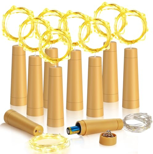 Ymenow Luci per bottiglie con timer, 10 pezzi, con tappo in sughero, 2 m, 20 LED, filo di rame, per interni, per bottiglie fai da te, albero di Natale, camera da letto, immagini, decorazioni floreali