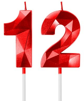Red 12th Birthday Candles for Cake, Number 12 Candle for 12th Birthday Decorations, 3D Design Cake Topper Decor for Boy Girl Women Men Birthday Theme Party Weddings Anniversary Celebration Supplies