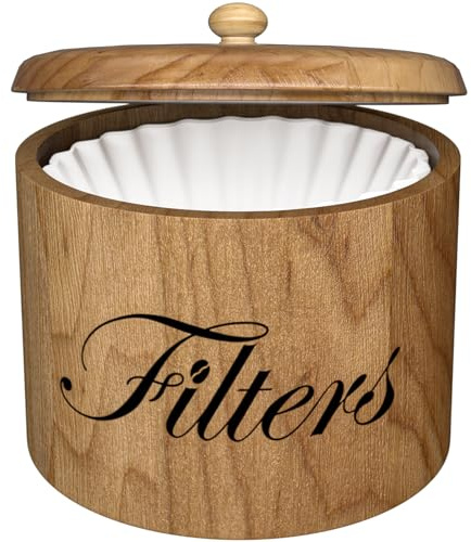 Coffee Filter Holder, Wooden Coffee Filter Storage with Lid, RoundCoffeeFilterContainer for Counter, Rustic Bar Accessories Holder Decor (Natural)
