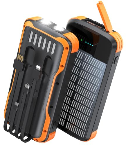SOXONO Solar Charger Power Bank, PD 20W Fast Charging External Batter, 40000mAh Portable Phone Charger Built in 4 Cables with Dual Bright Flashlights for Camping, Hiking, and Outdoor Use