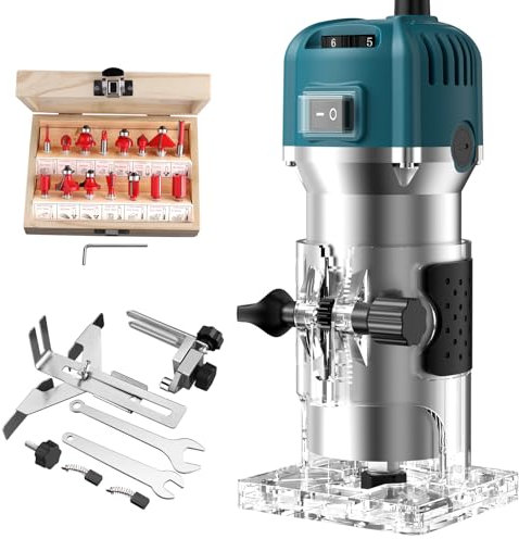 JiGiU 800W Fresadora de Madera Velocidad Variable Rebajadora Eléctrica 6.35mm(1/4 pulgada) 30000r/min con 6 Puntas de Carburo, Cuerpo de Aleación de Aluminio Resistente con 15 Piezas Fresas