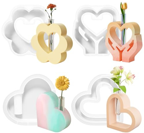 Teeloray 4 Pezzi Stampo in Silicone per Vasi con Provette Acriliche, Stampi in Resina Epossidica per Vasi Estivi a Forma di Cuore, Vaso per Fiori in Silicone Decorazioni Fai Da Te per la Casa, Regali
