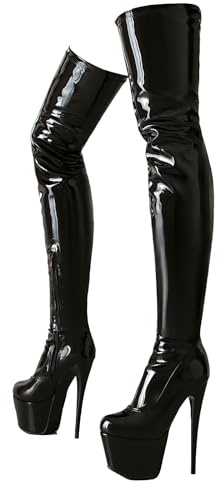 Ceciloroda 15.5cm Ultra-High Stiletto Heels Pole Dance Shoes Overknee Stretch Boots Platform Dressy Boots Stripper Heels for Women Exotic Patent Black Size 46