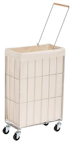Cesto de Ropa con Ruedas Estrecho 40×21×65 cm, Cesta de Acero Inoxidable Plegable con Asa, Forro Impermeable Extraíble, Alta Capacidad de Carga, para Espacios Reducidos y Esquinas (Beige)