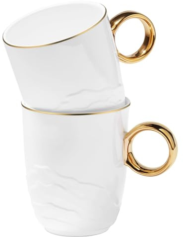 Chulan Upscale 12 oz Bone China Coffee Mug Set of 2, White Lightweight Fine Bone China Tea Cups with Gold Rim, Over 45% Bone Content Porcelain Ceramic Thin Mugs for Espresso Latte Mocha Freezer Safe