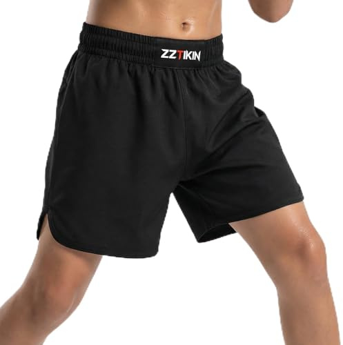 ZZTIKIN Kids Boxing Shorts, Black Athletic Training Shorts for Youth Boxing and Martial Arts (US, Numeric, 8, Black)
