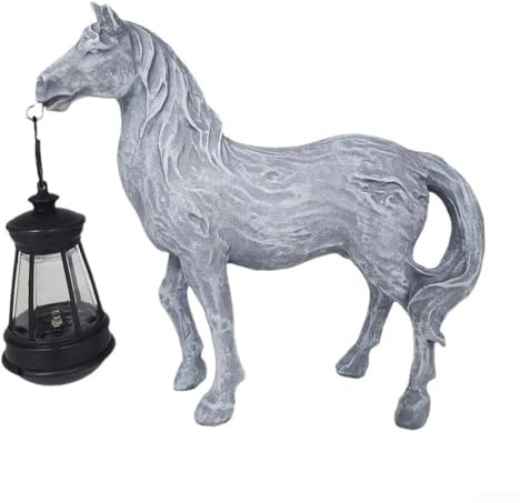 Qualoramall Figura solar de caballo con linterna, adorno de jardín de animales de resina, decoración caprichosa de patio al aire libre, luz solar para patio, césped, estanque, cubierta o exhibición