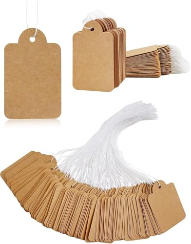 EnixwH 400 Pezzi 25 x 15 MM Carta Kraft Etichette Personalizzate Cartellini Prezzi Bigliettini Bomboniere Personalizzato con Filo per Vestiti Esposizione Gioielli Display Festival