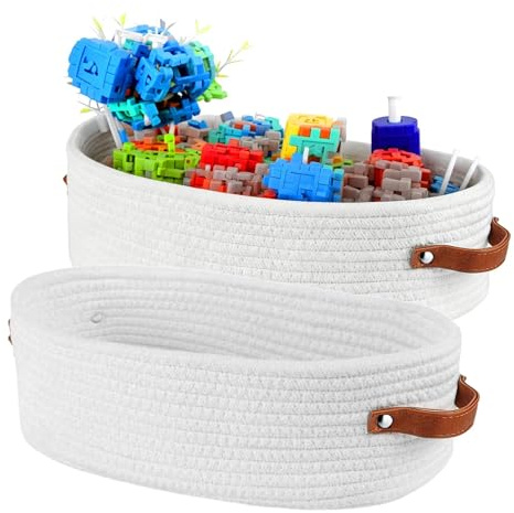 AMONENZ 2 Pezzi Cestino Portaoggetti, 28 x 10 x 10 cm Organizzatore Bagno con Maniglia, Corda in Cotone Cesto Porta Oggetti, Bianco Bathroom Organizer, per Bagno, Soggiorno, Camera da Letto