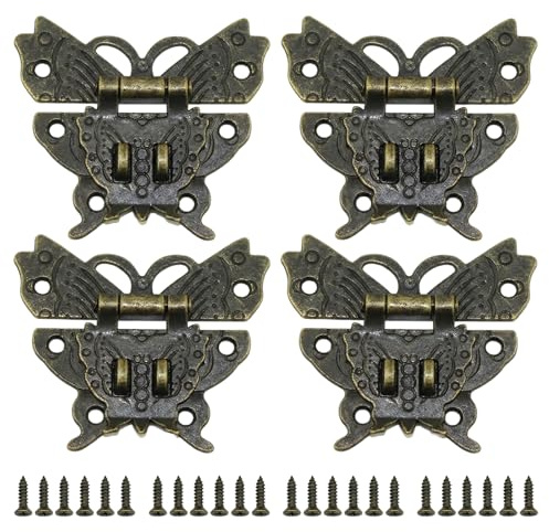 VEOIRXU 4 Piezas Mariposa Cierre de Bronce Antiguo con Tornillos Decorativo Retro Palanca Pestillo Aleación Cerradura para Joyería Caja Maleta Herramientas Caja Madera Estuche Bronce