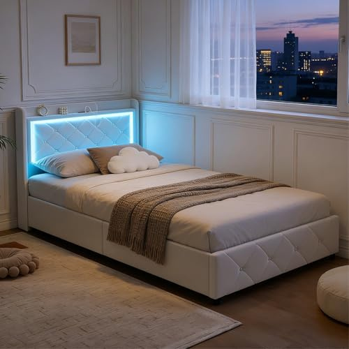 BRILVERDE Letto singolo 90x200 con Contenitore, Letto imbottito con luce LED/USB, Poltrona letto con Testiera, con Rete a Doghe, Velluto (Beige, 90 x 200 cm)