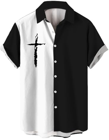 DGZTWLL Camisa de manga corta con botones y bloques de color blanco y negro para hombre, ajuste regular, informal, para calle, verano y uso diario