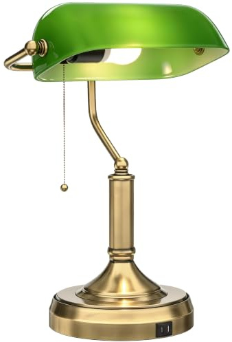 HOMCOM Banker's Table Lamp with Green Shade Blue USB-A & C Ports | Desk Lamp with Vintage Bronze Tone Base, Pull Rope Switch, for Home Office, Living Room, Bedroom, Dining Room
