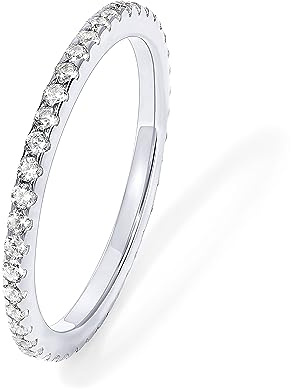 PAVOI Rhodium Plated 925 Sterling Silver Stackable CZ Ring for Women | Thin Band for Stacking | Simulated Diamond Eternity Wedding Band | Size 7