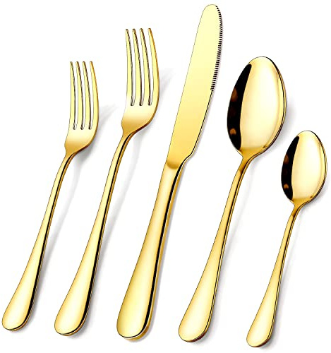 Cutlery Set, OGORI 40-Piece Gold Stainless Steel Flatware Set, Tableware Silverware Set with Spoon Knife and Fork Set, Service for 8,Easy Clean, Mirror Polished