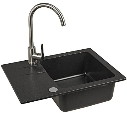 VBChome Diskbänk med armatur 60 x 44 cm, enkelbassäng, svart, granit, rektangulär, reversibel, infälld, diskbänk, stort djup bassäng, vattenkran, underskåp från 50 cm