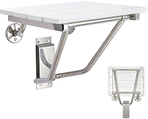Folding Shower Seat and Bench Wall Mounted, Shower Chair Foldable, Shower Stool Collapsible for Inside Shower Bathroom Bathtub Small Space, 350lb Capacity, Plastic Wood