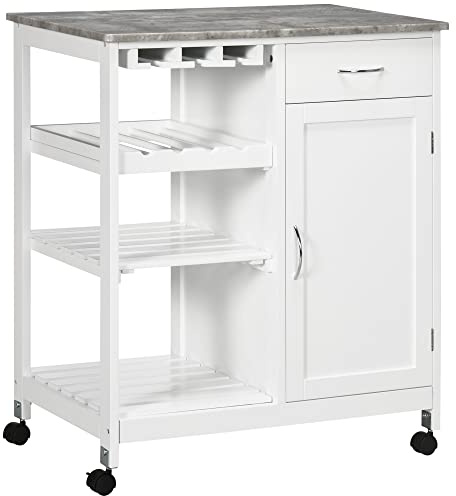 HOMCOM Compact Kitchen Trolley Utility Cart on Wheels with Wine Rack, Drawer, Open Shelf and Storage Cabinet for Dining Room, White