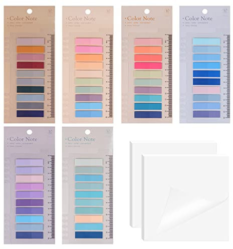 Sticky Notes mit Lineal,moinkerin 1300 Stücke Haftnotizen Tabs,6 Sets Farbe Haftstreifen mit 2 Sets Transparent 2 Stile Sticky Notes PET Mehrfarbig für Lesezeichen,Studieren,Büro