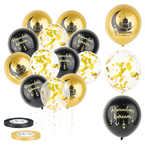 30 Pcs Ramadan Luftballons Ramadan Deko Schwarz Gold Ballons Eid Mubarak Islamische Feiern Muslim Party Dekoration mit 4 Bänder (Schwarz Gold)