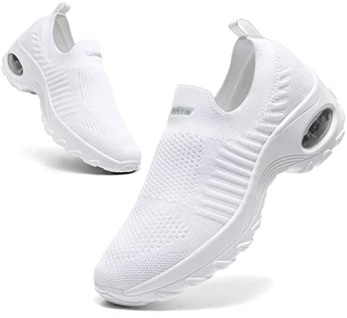 Womens Walking Shoes Slip On Trainers Arch Support Shoes Lightweight Running Shoes for Plantar Fasciitis Orthopedic Comfy Nurse Shoes White UK 7