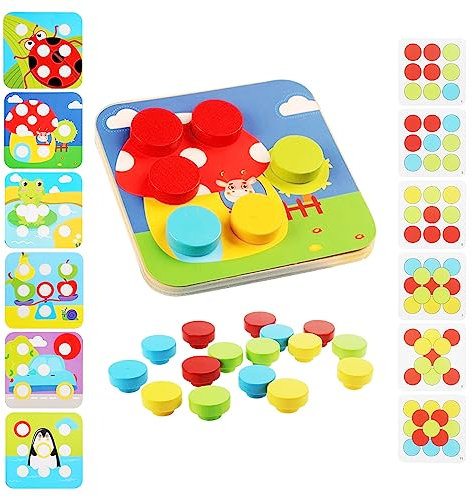 Mosaik Steckspiel Montessori Spielzeug Mosaik Steckspiel für Kinder mit Holzpflockbretter 16 Bunten Bausteine und 12 Karten Holzspielzeug Geschenk für Kinder Baby Color Zuordnungsspiel