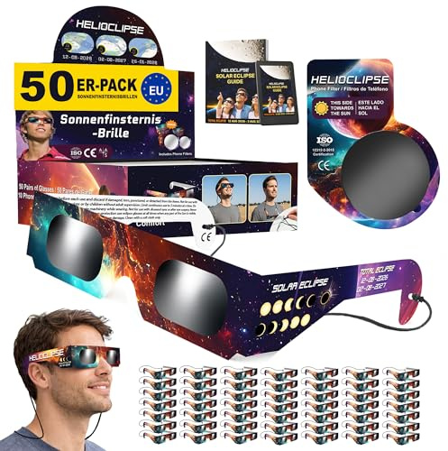 Helioclipse 50 Pack Solar Eclipse Glasses 2026 - Trusted for Direct Solar Eclipse Viewing - Iso 12312-2 & Ce Certified - Bonus 10x Phone Filter