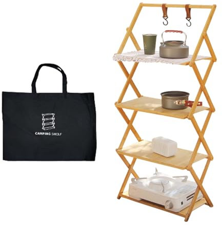 LZLUCKCOME Klappbares Bambus Standregal, Camping Regal Klappbar, Lagerregal Blumentopfhalter, für Aussen Küche Camping Grillen (4. Stock, Erhöht)