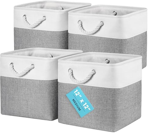 OrganiHaus Aufbewahrungsbox 30x30cm 4er-Set, Würfelkörbe aus Stoff mit Seilgriffen, Faltbare Aufbewahrungswürfel für Kallax Organizer, Ablagekörbe für das Kinderzimmer Grau/Weiß