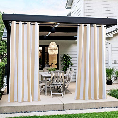 NICETOWN Biscotti Lot de 2 Rideaux d'extérieur à Rayures Beiges et Blanches pour terrasse, imperméables, en Acier Inoxydable, œillets bloquant la lumière du Soleil, Rideaux décoratifs pour intérieur