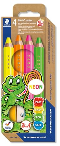 STAEDTLER 3in1 Buntstift Noris junior (Bunt-, Wachsmal- und Aquarellstift, extra bruchsicher, ideal für Kinder, für viele Oberflächen, Kartonetui mit 4 Farben inkl. Spitzer), 140 C4 P1