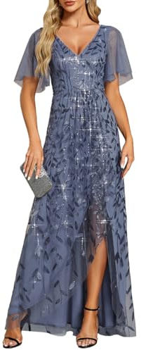 Ever-Pretty Abito da Ospite di Nozze Asimmetrico Scollo a V Linea A Paillettes Foglia Stile Impero Abito Elegante Donna Cerimonia Denim Blu 52