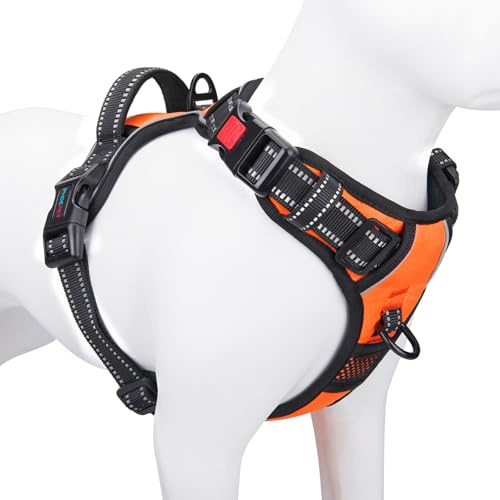 PHOEPET Hundsele små hundar, anti-dragning, lätt att applicera, orange, S | Ingen dragning, justerbar, med handtag, 3 snabbkopplingsspännen, 2 D-ringar, reflekterande, andningsbar stoppning