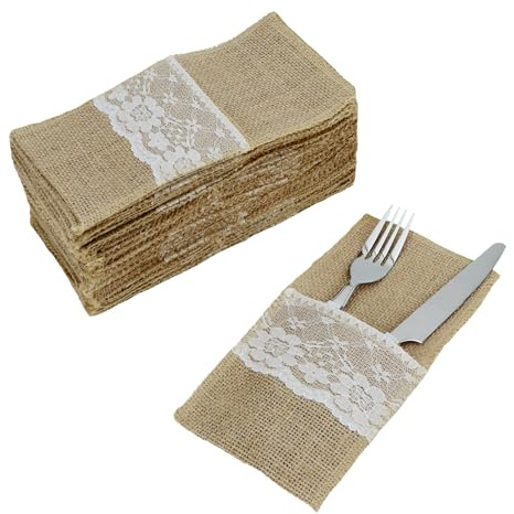 QWORK® Lot de 40 pochettes à couverts en jute, pochettes à couverts avec dentelle, décoration de table pour anniversaires, mariages, fêtes de famille