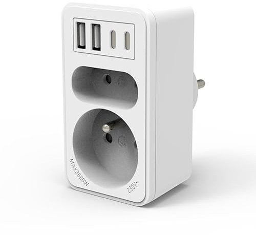 Multiprise Frontale Biplite avec 2 Prises 16A + 6A Norme Française, 2 USB-A et 2 USB-C - 6 en 1 pour Téléphone, Tablette