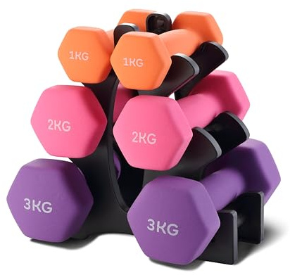 TEENO Neoprene Dumbbells Set of 6 with Rack, Water-Resistant Surface,1kg 2kg 3kg Weight Lifting Dumbbell Kit, Home Strength Training