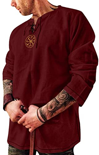 Rodawu Mens Viking Tunic Casual Cotton Linen Medieval Pirate Hippy Shirts