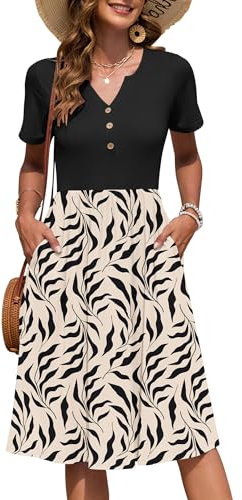AUSELILY Damen Kurzarm Sommerkeider Knielange Sommer Kleider V-Ausschnitt mit Knöpfen Empire Midikleid mit Taschen Aprikosenschwarzes Blatt XL
