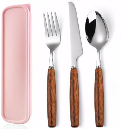 Juego de Vajilla para Acampar, Cubiertos Portátiles Cubiertos Viaje Acero Inoxidable,Cubiertos para Llevar con Tenedor Cuchara Cuchillo estuche cubiertos para llevar al Trabajo,Camping (Rosa)