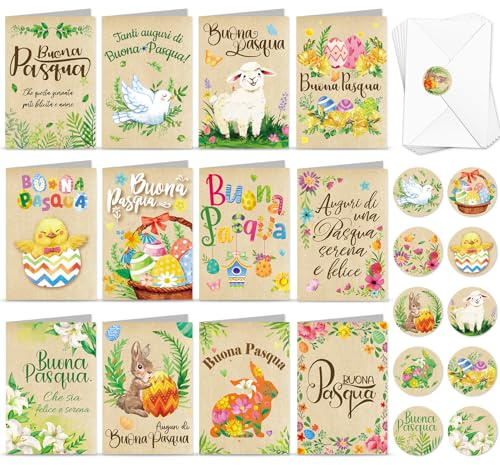DPKOW 12 Pasqua Biglietti Auguri con Buste Adesivi, Carta Kraft Biglietti di Auguri Buona Pasqua Cartoline, Biglietti Tanti Auguri Pasqua, Italiano Divertenti Originale