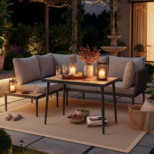 Soweiz Juego de muebles de jardín, sofá esquinero + mesa de comedor, esquina, tubo de acero galvanizado, cómodo y duradero, tablero de plástico de madera, gris