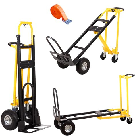 Convertible Hand Truck Dolly Cart,3-in-1 Industrial Aluminum Hand Truck,1000 Lbs Capacity Hand Trucks Heavy Duty Dolly Cart with Solid Wheels and Straps for Moving Transport (Black Yellow)