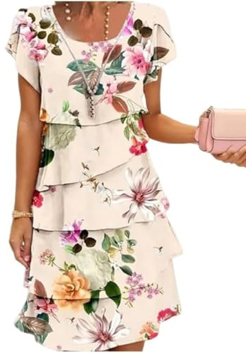 Vestido en Cascada con Estampado Floral de múltiples Plantas, Vestidos de Gasa con Estampado 3D, Vestidos Bohemios, Vestido Midi Informal de Primavera y Verano para Mujer. (A,M)