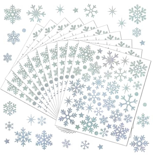10 Sheets Silver Snowflake Stickers, Glitter Window Clings Decorations