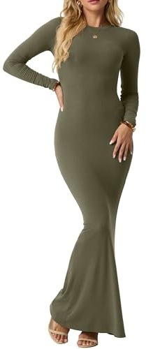IWOLLENCE Bodycon Dresses for Women UK Long Sleeve Maxi Dress Ladies Elegant Ribbed Round Neck Bodycon Maxi Dress Modest Long Dresses for Women (Olive Green, M)