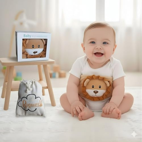 RUGUIES - Ceinture anti-coliques pour bébé - Sac thermique rempli de billes en céramique spéciales + gel réfrigérant à placer au congélateur - Ceinture ajustable - Soulagement des gaz (LION)