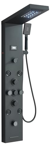 Saeuwtowy Columna de ducha LED hidromasaje, columna de ducha de acero inoxidable con 8 microchorros de masaje, sistema de ducha de pared Negro