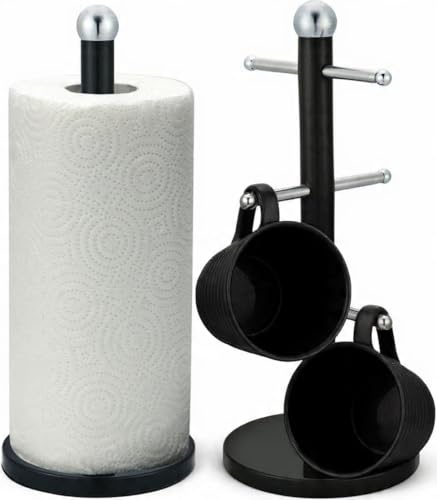 Black Stainless Steel Kitchen Roll Holder & Mug Tree Set with 6 Hooks, Paper Towel Holder with Weighted Anti-Slip Base, Modern Cup Holder Stand for Kitchen Counter, Space Saving Mug Organizer Rack